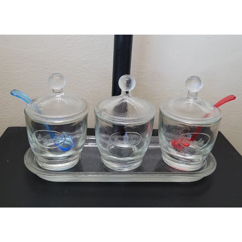 Vintage Set 3 Clear Glass Treats Condiments Jars Cocoa Bar Sundae Serving Coffee
